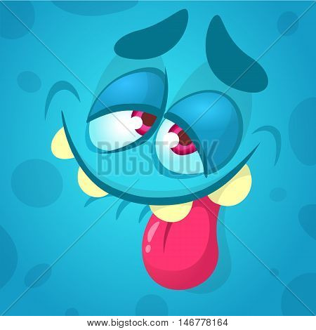 Cartoon monster face. Vector Halloween blue smiling monster avatar