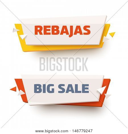 Set of transparent geometric vector banners. Thick plastic material style. Origami paper. Big Sale and Rebajas labels.