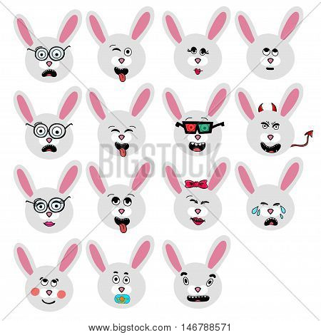 set of fun emoticon rabbit mileys isolated on white background. EPS
