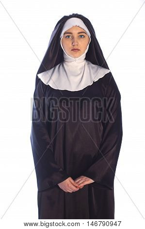 Photo of young catholic nun on white background.