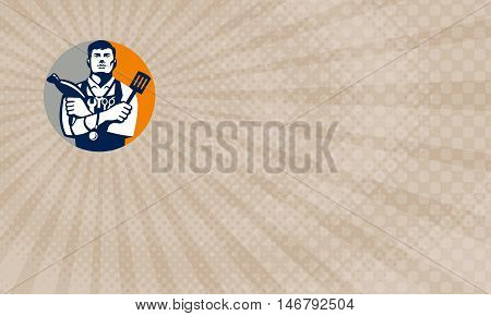 Business Card showing Illustration of a jack of all trades holding a blow dryer and spatula with stethoscope on neck and spanner and barber scissors in apron facing front set inside circle on isolated background done in retro style.