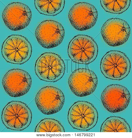Seamless background pattern. Sketches of a orange on a green background