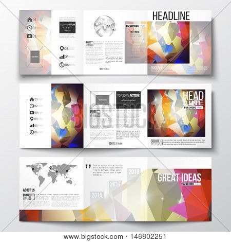 Vector set of tri-fold brochures, square design templates with element of world map and globe. Abstract colorful polygonal background, modern stylish triangle vector texture.