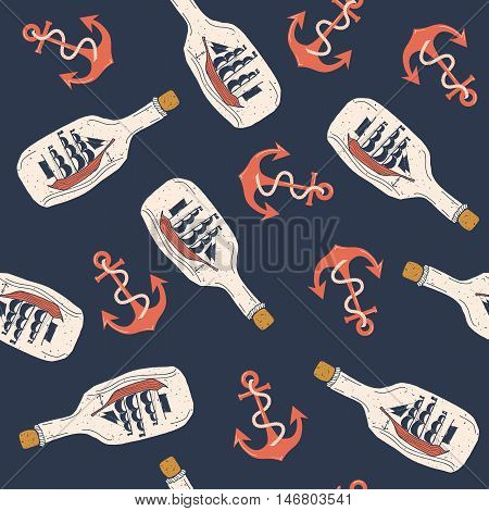 Hand drawn nautical seamless pattern. Vector illustration with ship and anchor