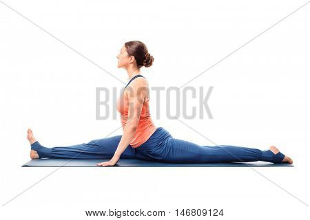 Woman doing Hatha Yoga asana Hanumanasana - monkey pose posture (splits)  isolated on white background