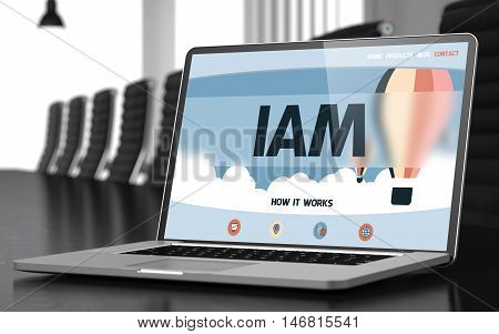 Modern Conference Hall with Laptop Showing Landing Page with Text Iam. Closeup View. Iam. Closeup Landing Page on Laptop Screen. Modern Conference Hall Background. Toned. Blurred Image. 3D.
