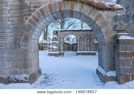 Arch way in the  Alvastra Monastery ruins