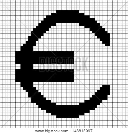 Sign pixel euro black in grid. Monochrome icon isolated on white lattice background. Pixelated design. Logo for business. Europe finance symbol made of pixels. Mark of commerce. Vector illustration