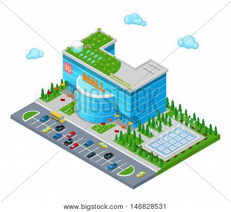 Isometric Shopping Mall Building with 3D Imax Cinema Park and Fountain. Flat 3d Vector illustration