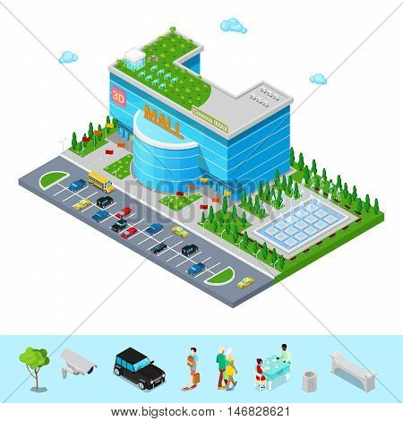 Isometric Shopping Mall Building with 3D Imax Cinema Park and Fountain. Flat 3d Vector illustration