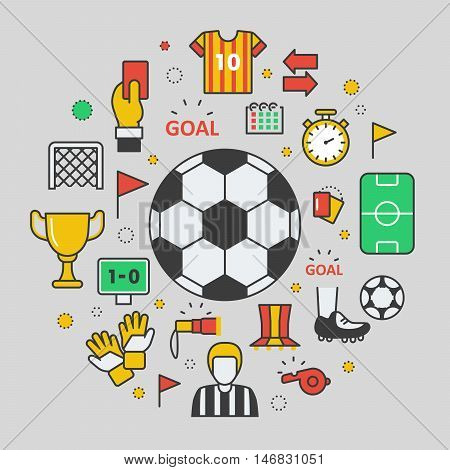 Football Soccer Line Art Thin Vector Icons Set with Ball and Sport Elements