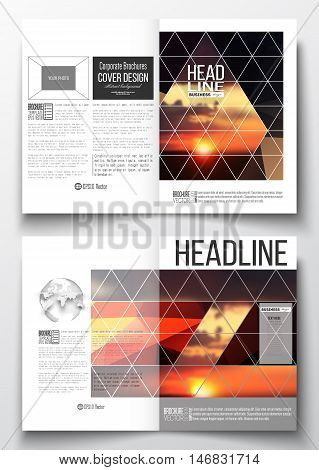 Set of business templates for brochure, magazine, flyer, booklet or annual report. Colorful polygonal backdrop, blurred natural background, amazing summer sunset view, modern triangle vector texture