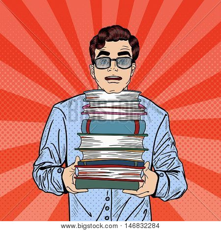 Pop Art Man Student Holding Stack of Books Education Concept. Vector illustration