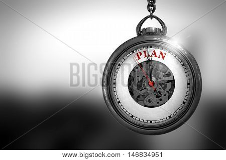 Business Concept: Vintage Watch with Plan - Red Text on it Face. Plan Close Up of Red Text on the Pocket Watch Face. 3D Rendering.