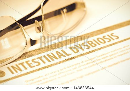Diagnosis - Intestinal Dysbiosis. Medical Concept on Red Background with Blurred Text and Eyeglasses. Selective Focus. 3D Rendering.