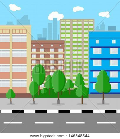 Modern City View. Cityscape with office and residental buildings, trees, road, blue background with clouds. vector illustration in flat style