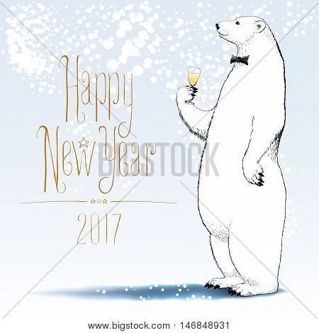 Happy new year 2017 vector greeting card. Polar bear with bowtie character drinking glass of champagne funny nonstandard illustration. Design element with Happy New Year text hand drawn lettering