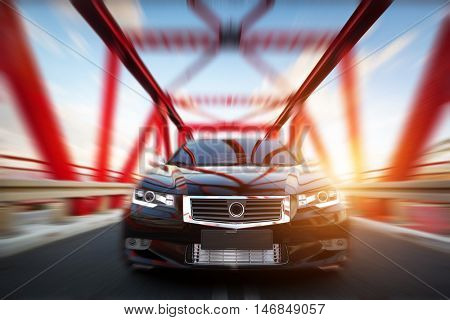 Modern black metallic sedan car on the bridge road. Generic desing, brandless. 3D rendering.