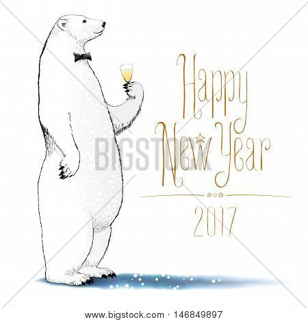 Happy new year 2017 vector drawing, greeting card. Polar bear with bowtie character drinking glass of champagne funny nonstandard illustration. Design element with Happy New Year text hand drawn sign