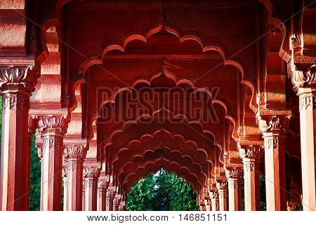 Arcade at the Red Fort, Delhi, India. Evening light
