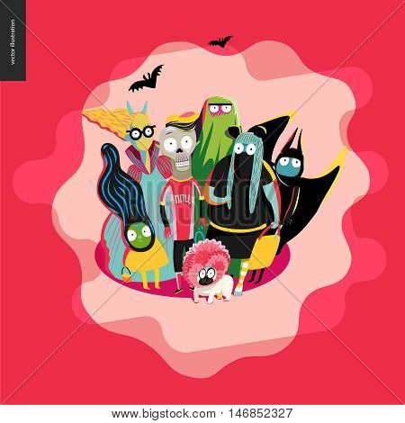 Treak or treat group of children, greeting card. Vector cartoon illustrated group of kids wearing Halloween costumes and a french bulldog, scared by something. Composition placed on a waved shape