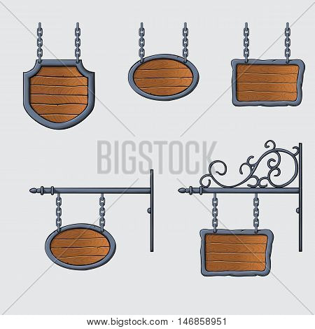 set of vector medieval wood sign hanging on chains isolated on white