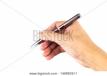 Pen in the man's hand isolated on white background.