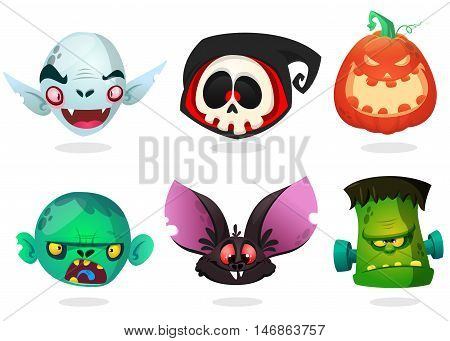 Halloween characters icon set. Cartoon heads of grim reaperblack bat pumpkin Jack o lntern zombie vampire.