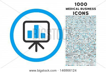 Slideshow Screen rounded glyph bicolor icon with 1000 medical business icons. Set style is flat pictograms, blue and gray colors, white background.