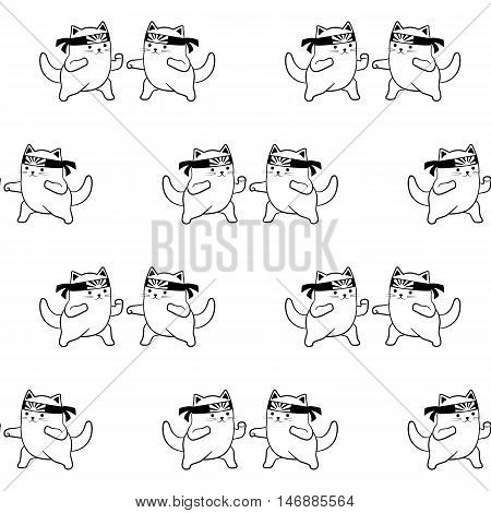 Black and white seamless pattern. Cute cartoon cats practice karate kicks.