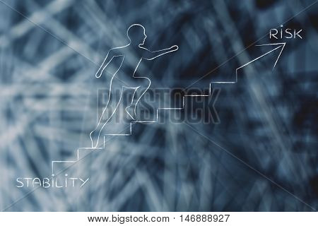 Stability Or Risk, Man Climbing Stairs Metaphor