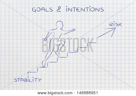 Stability Or Risk, Man Climbing Stairs Metaphor