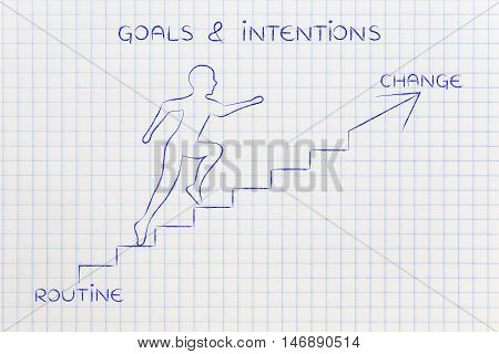 Routine Or Change, Man Climbing Stairs Metaphor