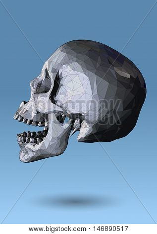 Low poly wireframe skull side view on blue background