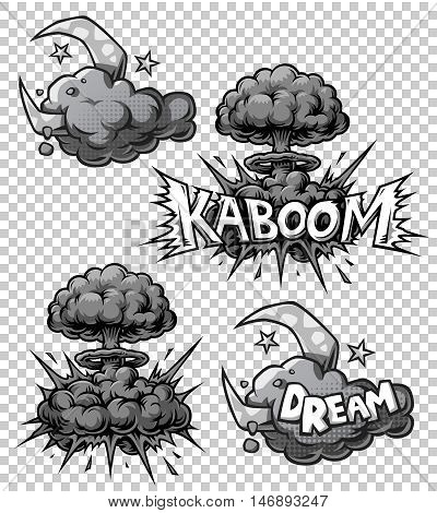 Vector set of monochrome comics icons. Explosion bubbles. Comic book explosion set