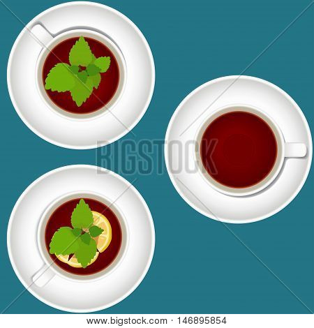 Vector illustration set of black tea cups with lemon and mint.