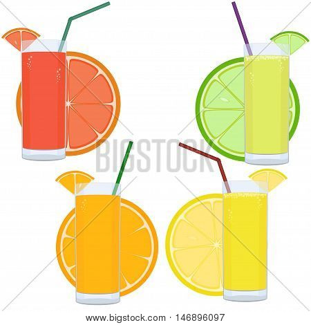 Fresh citrus juice set with slices of citrus isolated on white background. Vector illustration.