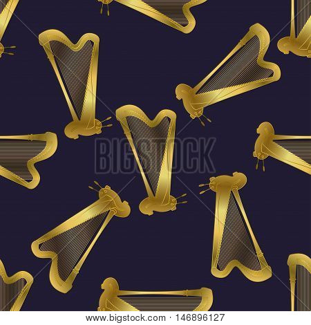 Semless pattern with harp. Thin line vector golden illustration with music instrument. Seamless pattern with different music instruments. Vector