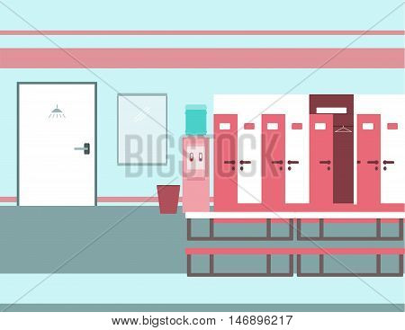Interior of a gym locker room. Fitness club dressing room. Vector illustration in flat style.