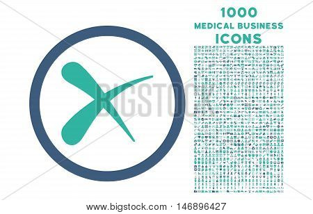 Erase rounded glyph bicolor icon with 1000 medical business icons. Set style is flat pictograms, cobalt and cyan colors, white background.