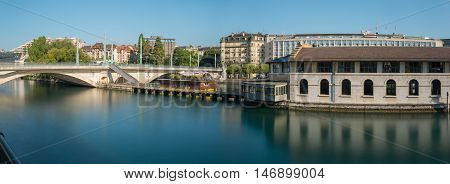 Panoramic long exposure morning view of Geneva city center.