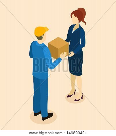 Goods delivery to client isometric design with courier giving businesswoman cardboard box on beige background vector illustration