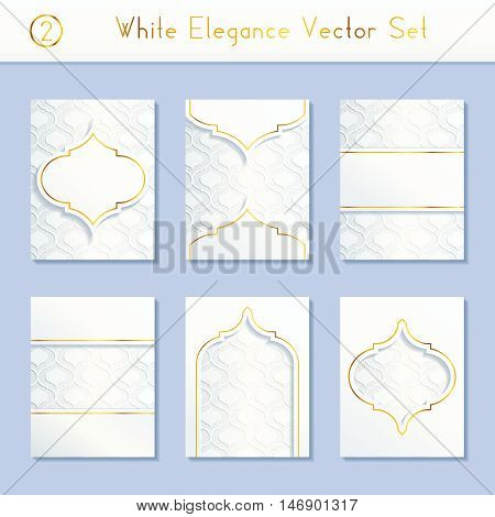 Set of 6 intricate and elegant white brochure designs with gold details. US Letter size. Easily croppable to A4 size. Graphics are grouped and in several layers for easy editing. The file can be scaled to any size.