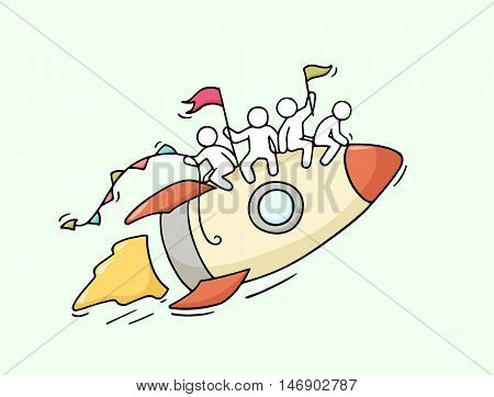 Sketch of little people with flying rocket. Doodle cute miniature scene of workers about start up. Hand drawn cartoon vector illustration for business design.