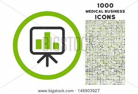 Slideshow Screen rounded glyph bicolor icon with 1000 medical business icons. Set style is flat pictograms, eco green and gray colors, white background.