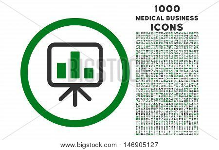 Slideshow Screen rounded glyph bicolor icon with 1000 medical business icons. Set style is flat pictograms, green and gray colors, white background.