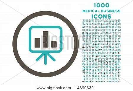 Slideshow Screen rounded glyph bicolor icon with 1000 medical business icons. Set style is flat pictograms, grey and cyan colors, white background.