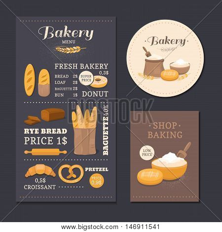 Menu template cafe bakery. Bakery branding identity with a menu, card and label for packaging. Collection of vector elements: bread, flour, donut, baguette, croissant. Illustration of baking.