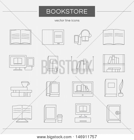 Set of line icons for a bookstore. Collection of vector elements: book, e-book, audiobook, stack of books, bookshelf, library and other. Templates for logo design. Illustration of reading and education.
