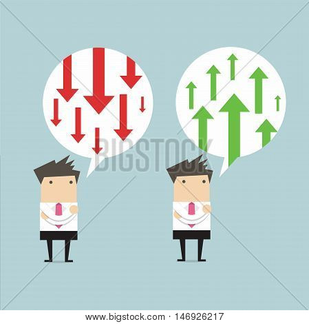 Businessman thinking about business arrow positive and negative